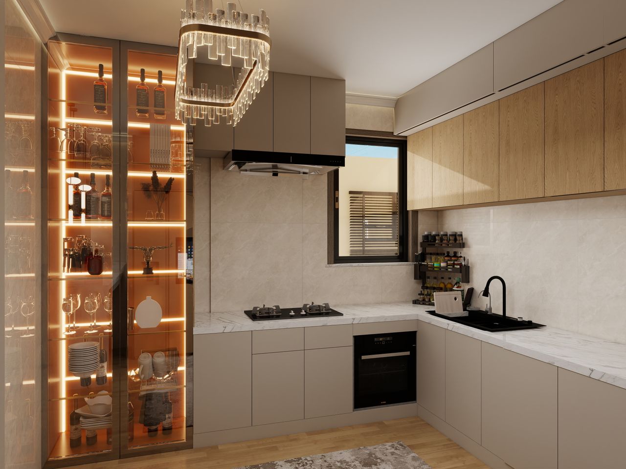 Elegant modern kitchen featuring sleek cabinetry, stylish chandelier, and illuminated display shelves.
